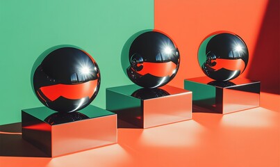 Poster - Three chrome spheres sitting atop chrome cubes with orange and green background lighting