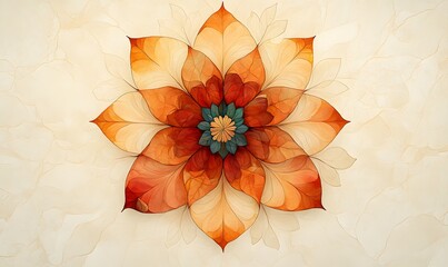 Poster - abstract floral design with gradient orange petals and a blue-green center on marbled background