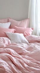 Poster - Soft pink and white striped duvet covers drape elegantly over a well-made bed, surrounded by fluffy pillows