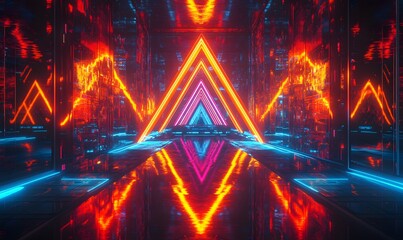 Poster - A vibrant neon corridor with a triangular tunnel effect reflecting on a wet floor
