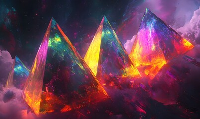 Poster - abstract pyramids floating in a nebula filled sky with colorful cloud formation, a surreal view