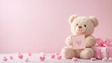 Adorable teddy bear with heart card and gift on soft pink background