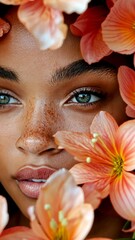 Wall Mural - Portrait of a woman framed by vibrant flowers showcasing natural beauty and captivating gaze in a close-up shot