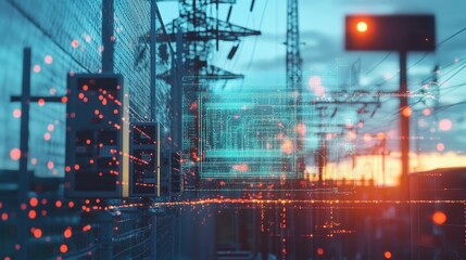 Aufkleber - futuristic cyber security system is protecting an electrical power grid infrastructure at sunset, en