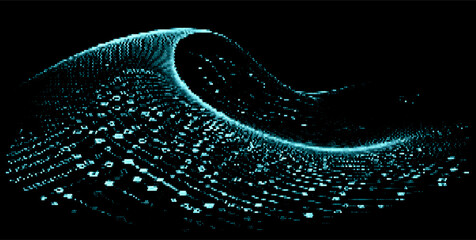 Aufkleber - Vector illustration depicts a wave of cyan particles forming a dynamic, flowing pattern on a dark background, evoking a sense of digital motion and futuristic energy.