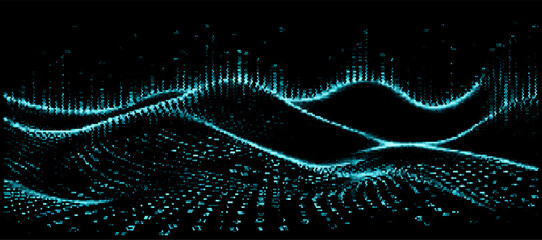Aufkleber - Vector illustration depicts a wave of cyan particles forming a dynamic, flowing pattern on a dark background, evoking a sense of digital motion and futuristic energy.