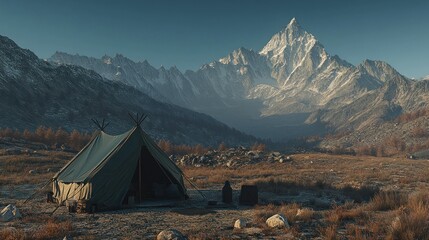 mountain peak sunrise tent camp serene landscape