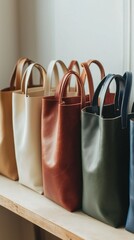 Poster - A collection of classic leather tote bags stands neatly on a wooden shelf within a charming boutique
