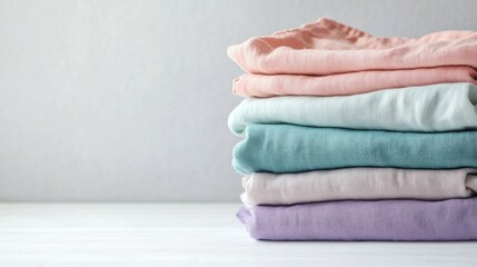 Poster - A soft stack of cotton clothes in gentle pastel shades sits harmoniously on a white surface, creating a serene atmosphere