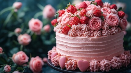 Poster - Beautiful pink frosted cake decorated with strawberries