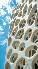 Aufkleber - A striking wall of a modern building displays a unique design of perforated shapes, adding an artistic touch to the urban landscape under a bright blue sky