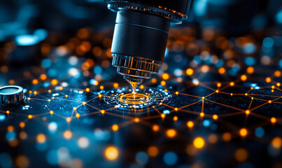 Poster - Futuristic Microscope Analyzing Digital Circuitry with Glowing Orange and Blue Connections