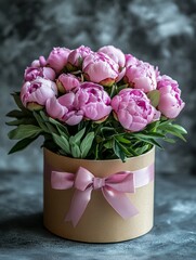 Aufkleber - A stunning collection of fresh pink peonies blooms proudly in a round box, elegantly tied with a ribbon. This floral arrangement adds charm to any setting or celebration