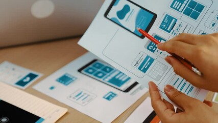 Poster - excellent startup company employee presenting user interface prototype for mobile application to sma