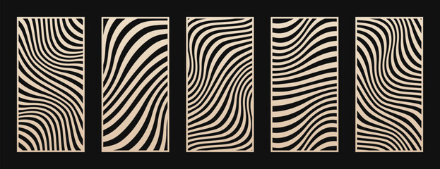 Aufkleber - Laser cut panel set. Vector template with abstract geometric patterns, liquid lines, wavy stripes, fluid shapes. Decorative stencil for CNC, laser cutting of wood, metal, paper. Aspect ratio 1:2
