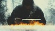 © Vertigo Images - A mysterious figure, shrouded in darkness, reads an ancient book engulfed in flames.  Intriguing and enigmatic.