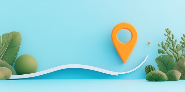 Orange Location Marker on a Blue Background with Green Foliage