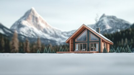 Wall Mural - Cozy mountain cabin surrounded by snow-covered trees with majestic mountains in the background