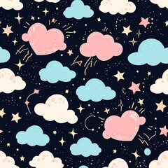 Wall Mural - Whimsical Night Sky: A Seamless Pattern of Pastel Clouds and Stars