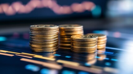 Poster - Stacks of coins on financial data. Showing growth. Possible use for investment, business success or financial concept
