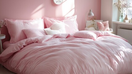 Poster - Warm sunlight fills a cozy bedroom adorned with delicate pink and white striped bed linen. Cushions and decor enhance the intimate atmosphere, creating a tranquil space for relaxation