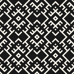 Wall Mural - Vector seamless pattern in ethnic style. Traditional folk ornament. Abstract monochrome texture. Simple black and white  background with tribal motif, geometric elements. Dark repeating geo design