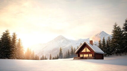 Wall Mural - Cozy wooden cabin surrounded by snow-covered mountains at sunset, creating a serene winter scene