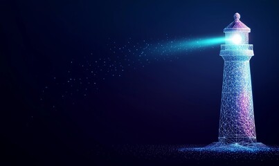 isometric illustration of a glowing lighthouse surrounded by a starry ocean night landscape