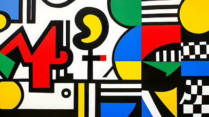 Wall Mural - Vibrant geometric mural art adorns city building, showcasing bold shapes and colors against urban backdrop for design inspiration