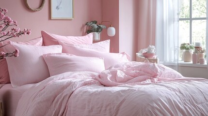 Aufkleber - A beautifully arranged bed with pastel pink and white striped linen is the focal point of this tranquil bedroom. Soft natural light filters through the window, enhancing the calming ambiance
