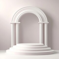 Canvas Print - White podium with arch in the room. 3D render. Vector illustration.