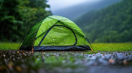 rainy day camping tent, forest background