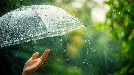 Poster - In a tranquil moment, a woman's hand extends from beneath a clear umbrella, welcoming the refreshing rain as droplets cascade in a vibrant green landscape