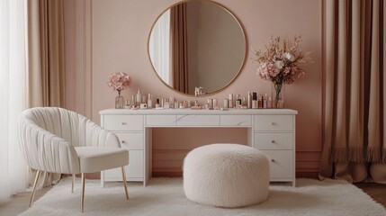 Poster - A stylish dressing room features a white desk adorned with beauty products, a round mirror reflecting soft light, and a cozy stool inviting relaxation