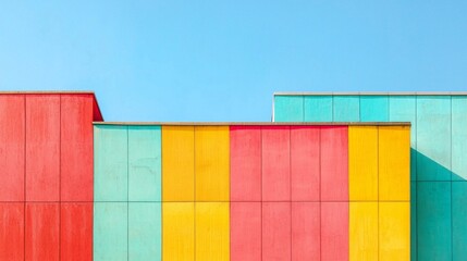 Poster - A striking blend of red, pink, yellow, and teal panels form the exterior of a contemporary structure, showcasing modern architectural design under a crisp blue sky