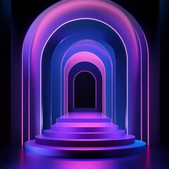 Canvas Print - Purple neon podium with arch on dark background. Vector illustration.