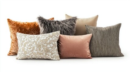 Poster - A collection of stylish pillows in various shapes and textures is arranged beautifully against a white backdrop, perfect for enhancing comfort and elegance in any space