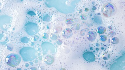 Poster - A mesmerizing collection of colorful soap foam features various sizes of bubbles. The soft textures blend shades of blue and white, creating an inviting and whimsical atmosphere