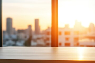 Wall Mural - Wooden table with a city view in the background