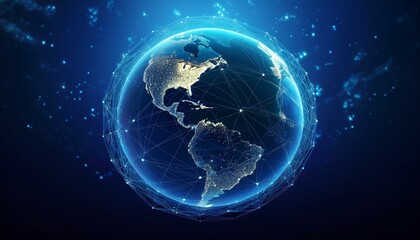 Poster - Earth global network connection atlantic ocean deep blue background. Generated image