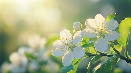 Wall Mural - Experience the beauty of a radiant spring morning as sunlit white blossoms fill the orchard with life.