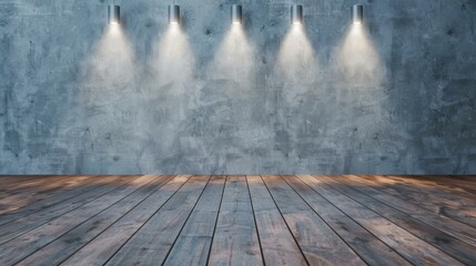 Poster - A minimalist gallery space featuring spotlights casting subtle light on dark wooden floors and grey walls.