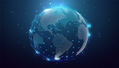 Poster - World globe with low polys and glowing dots, global digital network realistic vector background. Generated image