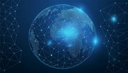 Poster - World globe with low polys and glowing dots, global digital network realistic vector background. Generated image