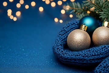 Wall Mural - Blue background with a blue sweater and two gold and blue Christmas ornaments