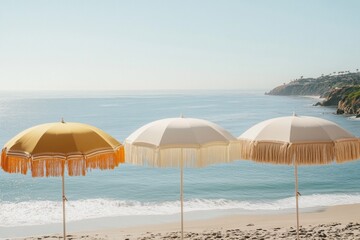 Aufkleber - vibrant beach umbrellas with delicate tassels stand proudly on the sandy shore. soft waves lap gentl