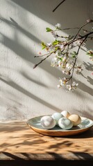 Poster - Delicate easter eggs in various pastel shades sit gracefully on a beautifully crafted wooden table