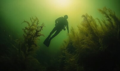 Wall Mural - diver exploring a glowing underwater cave illuminated by faint bioluminescent plants, soft reflectio