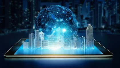 Poster - Digital tablet with global network connection technology and modern buildings hologram. Generated image