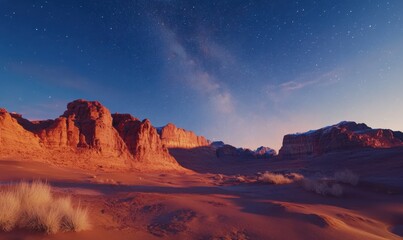Wall Mural - Dreamlike desert landscape with towering red rock formations under a clear twilight sky filled with stars and a faint Milky Way, surreal beauty.